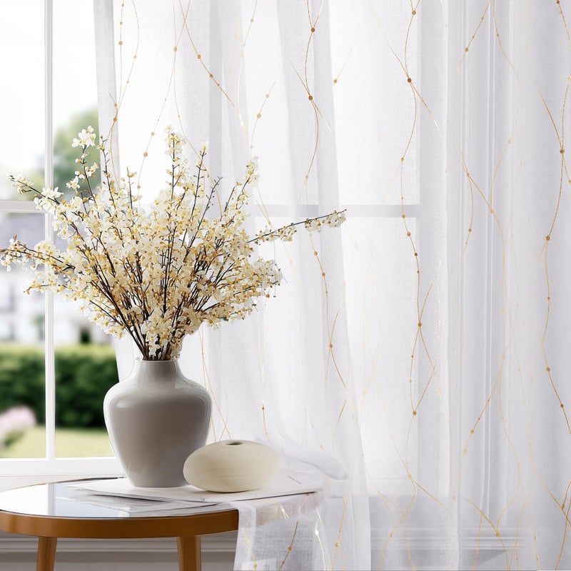 Deconovo Gold Printed Sheer Curtains 84 Inch Length 2 Panels Set, Voile Curtains Semi Sheer Drapes, Light Filtering Curtains for Living Room White/Gold, 2 Panels 52x84 Inch - Image 1